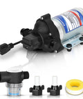 Road Ready Industrial Grade Diaphragm Water Pump With A Smooth One Hundred Fifteen Volt Motor Pushing 3.3 GPM And Forty Five PSI with accessories.