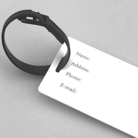 Compact Black And White Piano Grid Print Luggage Tags With Personalized Name Tags For Slick Travel Setup and secure black strap.