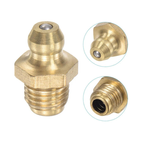 Brass Straight Grease Fittings Set for 5/16-24 Thread, 10mm wide hydraulic fittings, close-up view of 20-piece kit component