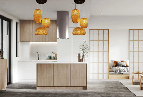 Modern kitchen with Lantern Style LED Pendant Light With Adjustable Cord Bamboo Weave Ceiling Hanging Lamp, rustic mood.