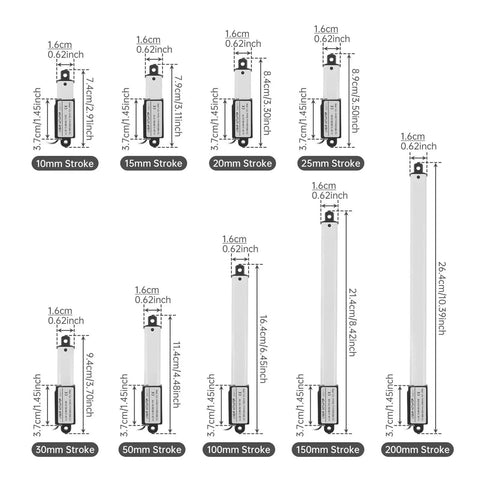 Heavy-Duty Linear Actuator With 10-200mm Stroke, 96N Force, 9.5mm Per Sec Speed, 24V DC, Tough-As-Nails Aluminum Housing, IP54 IP65 Rated, Multiple Mount Brackets For Flexible Install, High-Efficiency Motion For Industrial Use showing 10mm to 200mm stroke sizes