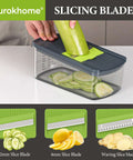 Ourokhome mandoline slicer in gray with green insert; 6 blades for slicing zucchini into a clear container
