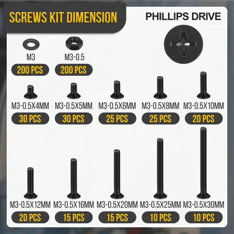 600 Piece Flat Head Nuts And Bolts Assortment Kit M3 0.5 Pitch Screws 4 5 6 8 10 12 16 20 25 30mm Countersunk With Washers Carbon Steel