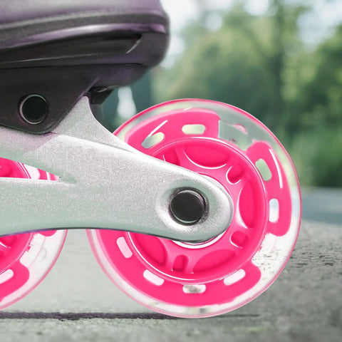 Close-up of rosy 8 Pack 64mm Inline Skate Wheels With Bearings For Indoor And Outdoor Replacement High Performance Durable Wheel