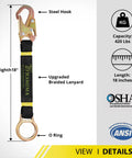 Heavy Duty Safety Harness Extension Lanyard 18 Inch D Ring Extender for Fall Protection with 5000 Lb Break Strength Polyester Webbing Durable Construction and Easy Clip for Jobsite Comfort, steel hook and O-ring