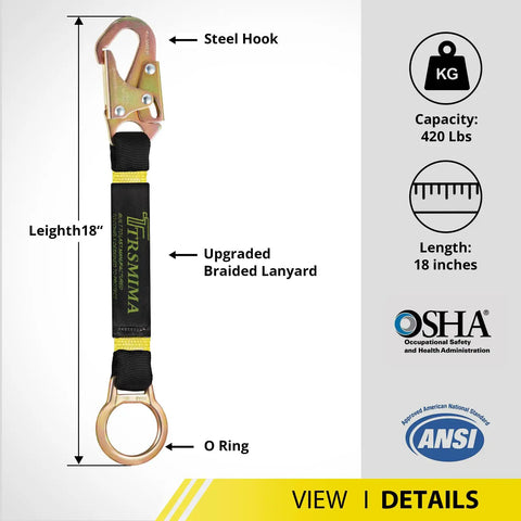 Heavy Duty Safety Harness Extension Lanyard 18 Inch D Ring Extender for Fall Protection with 5000 Lb Break Strength Polyester Webbing Durable Construction and Easy Clip for Jobsite Comfort, steel hook and O-ring