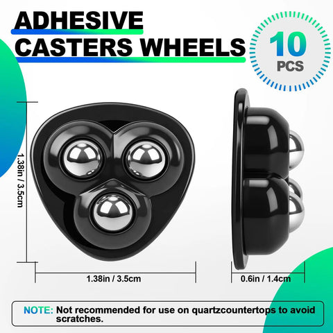10 Piece Self Adhesive Appliance Casters With 360 Degree Slick Swivel Rollers, Heavy Duty Abs Sticky Mover Pads displaying measurements and ball design.