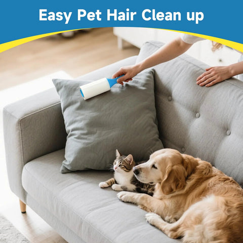 Extra Sticky Lint Roller With 600 Sheets, Easy Spiral Tear For Effortless Sheet Removal being used on a couch with pets