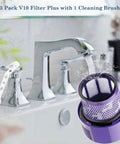 V10 Replacement Filters For Dyson Vacuum Cyclone Series 3 Pack With Cleaning Brush shown near faucet for easy cleaning