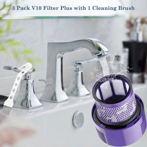 V10 Replacement Filters For Dyson Vacuum Cyclone Series 3 Pack With Cleaning Brush shown near faucet for easy cleaning