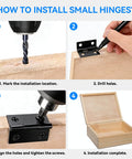Steps to install Matte Black 18x15mm Mini Hinges with 200 Screws for Wooden Boxes, Jewelry Boxes, Picture Frames, and DIY Projects.