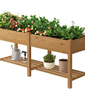 Wooden Raised Garden Bed With Legs And Two Tiers, Heavy Duty Planter Box For Backyard Patio Balcony, Brown Finish with storage shelf