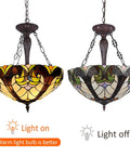 Tiffany Style 18 Inch Stained Glass Pendant Lights With Three Lights Victorian Antique Hanging Lamp light on and off view