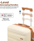 Front view of beige polycarbonate hard-shell luggage with brown trim, extended telescoping handle, TSA lock.