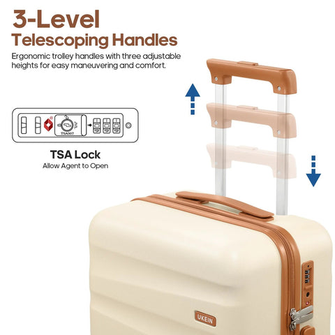 Front view of beige polycarbonate hard-shell luggage with brown trim, extended telescoping handle, TSA lock.