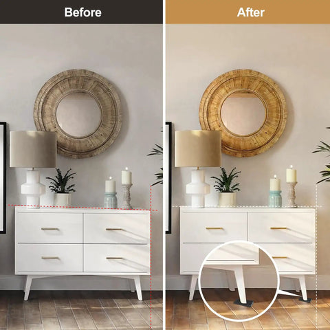 Before and after using 20 Pack Anti Slip Furniture Leveling Pads Shims for Tables Chairs Cabinets, showing leveled dresser with shims installed.