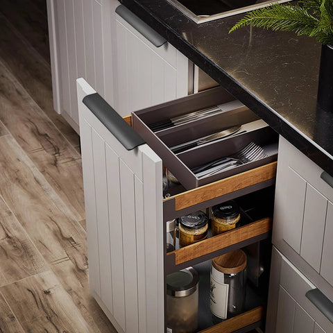 Open kitchen cabinet with 5 Pack Adhesive Edge Finger Pulls For Cabinets, Aluminium Alloy Concealed Drawer Pulls, black finish installed