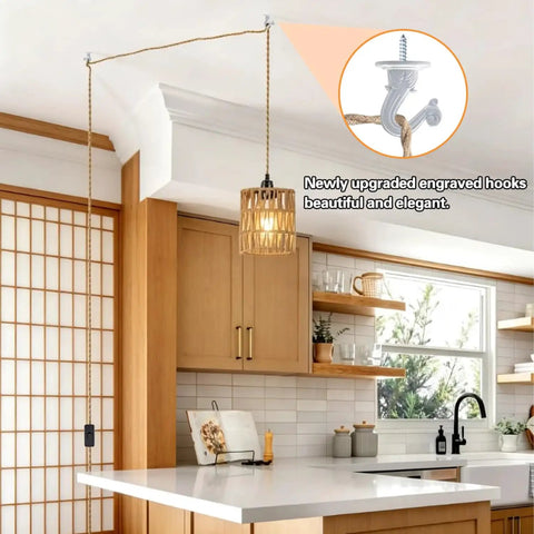 Amp Up Your Space With This Straight Up Badass Boho Pendant Light Featuring A Heavy Duty 16.5 Ft Plug In Swag Cord And Handwoven Rattan Cylinder Shade For Zero Hassle Setup And Chill Room Vibes, showcasing hanging over a kitchen island.