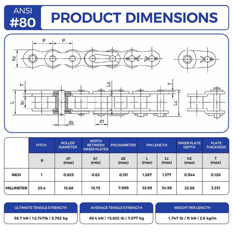 Diagram of Roller Chain Size 80 1 Inch Pitch 10 Foot Length Carbon Steel Drive Chain With Four Connecting Links Industrial Grade