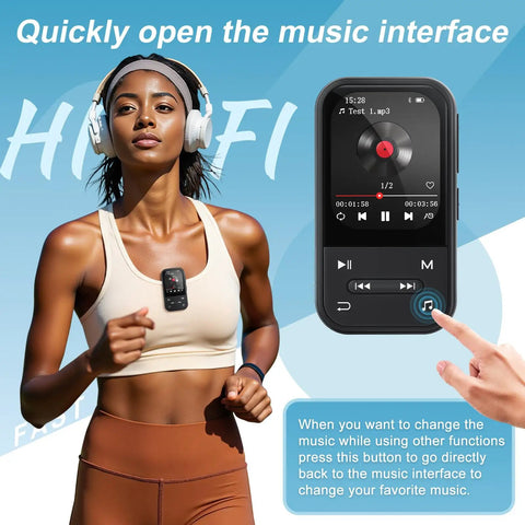 Woman running with 128GB Clip MP3 Player With Bluetooth 5.3, FM Radio, Voice Recorder on her shirt, close-up view of device screen