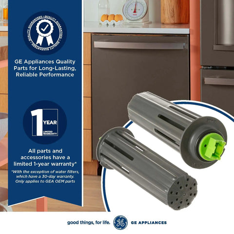 Dishwasher Flood Switch And Thermistor Assembly WD21X10519 Leak Shield, black with green components, shown on kitchen counter.