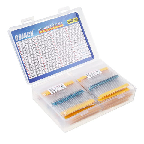 Front view of BOJACK resistor kit in a clear two-compartment case; blue metal-film resistors, 0Ω–5.6MΩ, 1% 1/4W