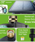 Close-up of Two Zone Solar Water Timer for garden hose features: adjustable solar panel, brass inlet, metal filter, and connectors.