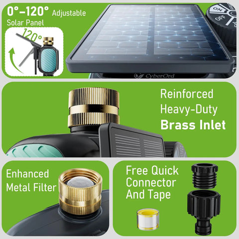 Close-up of Two Zone Solar Water Timer for garden hose features: adjustable solar panel, brass inlet, metal filter, and connectors.
