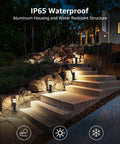 Lit 12 Pack Low Voltage Landscape Pathway Lights 3W LED 3000K Warm White illuminating outdoor steps in rain