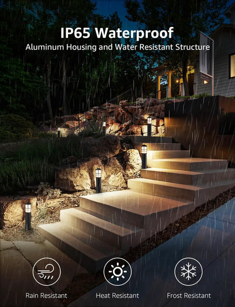 Lit 12 Pack Low Voltage Landscape Pathway Lights 3W LED 3000K Warm White illuminating outdoor steps in rain