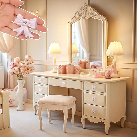Elegant vanity with eight piece pink bow dresser knob set cast iron drawer pulls for cabinets and wardrobes vintage coquette style