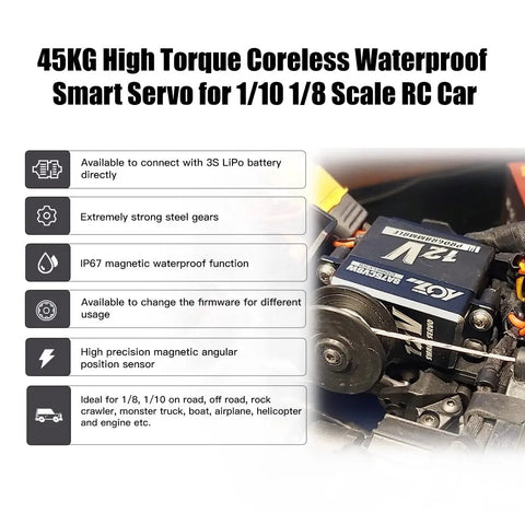 Waterproof 45Kg Beefy Torque RC Servo 12V Programmable Metal Gear Coreless Digital Smart Servo for 1/8 and 1/10 RC cars detail view