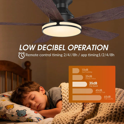 Ceiling Fans,46" RGB Low Profile Ceiling Fans with Lights, Wood-like Blades above sleeping child in cozy bedroom.
