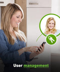 Woman using phone to control Smart Garage Door Opener Remote with App Control and Wireless Sensor that connects to Apple HomeKit.