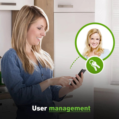 Woman using phone to control Smart Garage Door Opener Remote with App Control and Wireless Sensor that connects to Apple HomeKit.