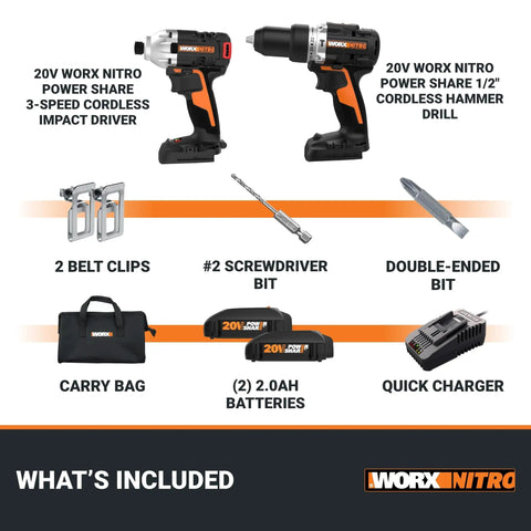 Nitro 20V Brushless Drill Driver And Impact Driver Combo With One Half Inch Drill One Quarter Inch Impact Compact Cordless Set layout