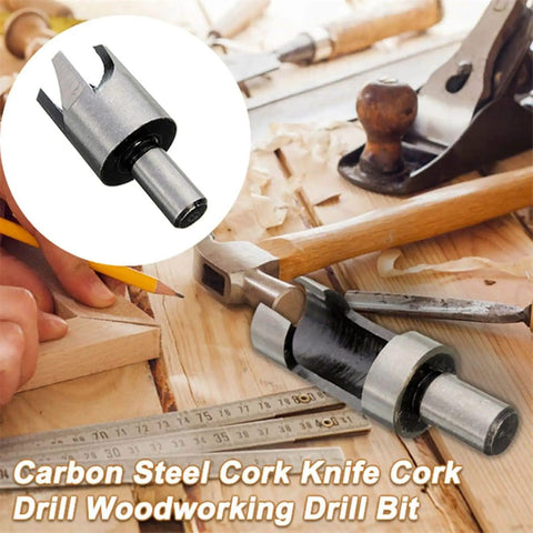 Legit Top Tier Wood Plug Cutter Drill Bit Set Eight Piece Collection titanium coated steel drill bit on workspace.
