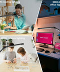 Various scenes showing Led Desk Lamp With Dual Light Source And Adjustable Swing Arm Clip On Eye Care Desk Light With 4 Cct Modes.