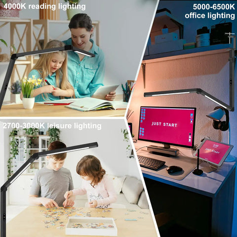 Various scenes showing Led Desk Lamp With Dual Light Source And Adjustable Swing Arm Clip On Eye Care Desk Light With 4 Cct Modes.