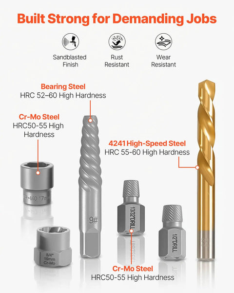 Smooth Operator 65 Piece Bolt Extractor Kit And Screw Removal Set With Left Hand Drill Bits showing various drill bits and extractor sizes.