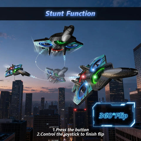Foam RC Airplane With Dazzling LED Lights For Night Missions 360 Degree Flips And Headless Mode in night city sky scene