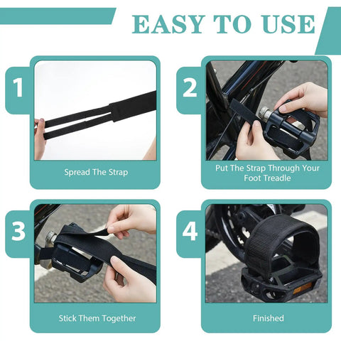 Step-by-step guide on installing 4 Pack Black Pedal Straps For Fixed Gear Bikes, Adjustable Foot Rest Strips, on bike pedals.