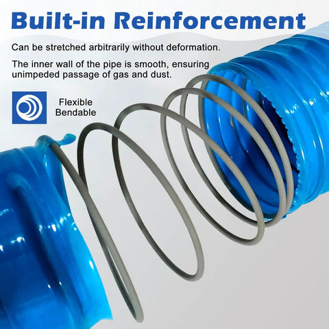 Close-up of Heavy Duty Flexible Blue Duct Hose showing carbon wire spring reinforcement for HVAC systems.