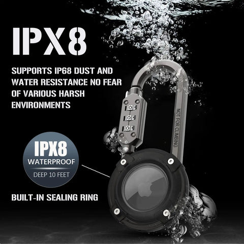 AirTag Holder With 3 Digit Combination Lock Protective Case With Metal Carabiner Anti Theft Lock underwater showing IPX8 rating