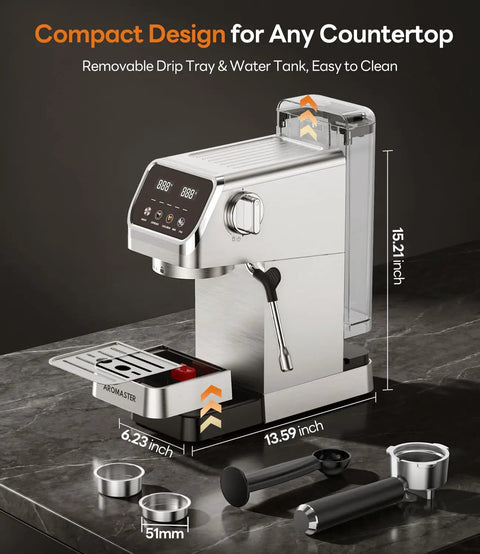 Next Level 1400W Espresso Machine With Auto Milk Frother And Sleek Stainless Steel Finish showing compact design and removable parts.