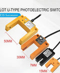 Infrared U Slot Photoelectric Sensor Proximity Switch Three Wire NPN PNP DC 12 24V Detection For Industrial Automation NO Output No Fuss Install Compact E3S GS30 GS15 GS7 Series Reliable Sensing Across Small Gaps, 50mm 30mm 7mm 15mm
