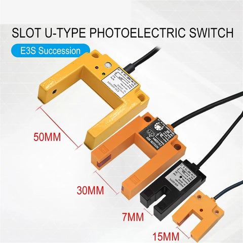 Infrared U Slot Photoelectric Sensor Proximity Switch Three Wire NPN PNP DC 12 24V Detection For Industrial Automation NO Output No Fuss Install Compact E3S GS30 GS15 GS7 Series Reliable Sensing Across Small Gaps, 50mm 30mm 7mm 15mm
