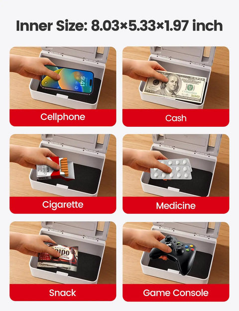 Metal Phone Lock Box With Timed Lock Up To 365 Days No Override LED Display showcasing storage of phone, cash, and items.