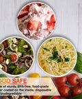 Food safe BPA-free disposable paper bowls with salad, pasta, and dessert, highlighting eco-friendly white disposable paper design.