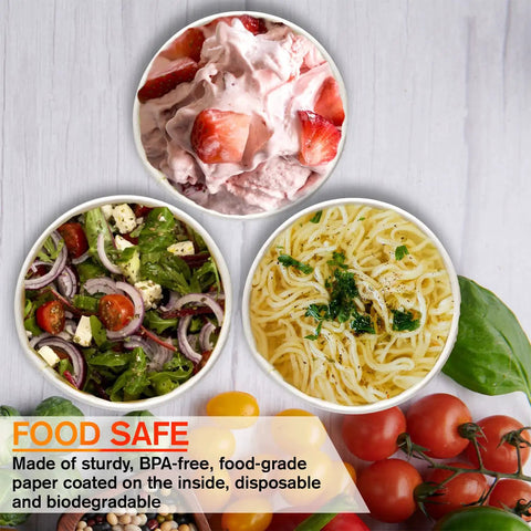 Food safe BPA-free disposable paper bowls with salad, pasta, and dessert, highlighting eco-friendly white disposable paper design.